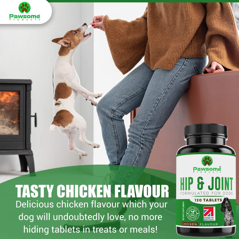 Pawsome Products Hip and Joint Supplement for Dogs with Glucosamine, Chondroitin, Green Lipped Mussel, MSM, Curcumin, Hyaluronic Acid, Manganese & Vitamin C - 120 Chicken Flavoured Chewable Tablets - PawsPlanet Australia