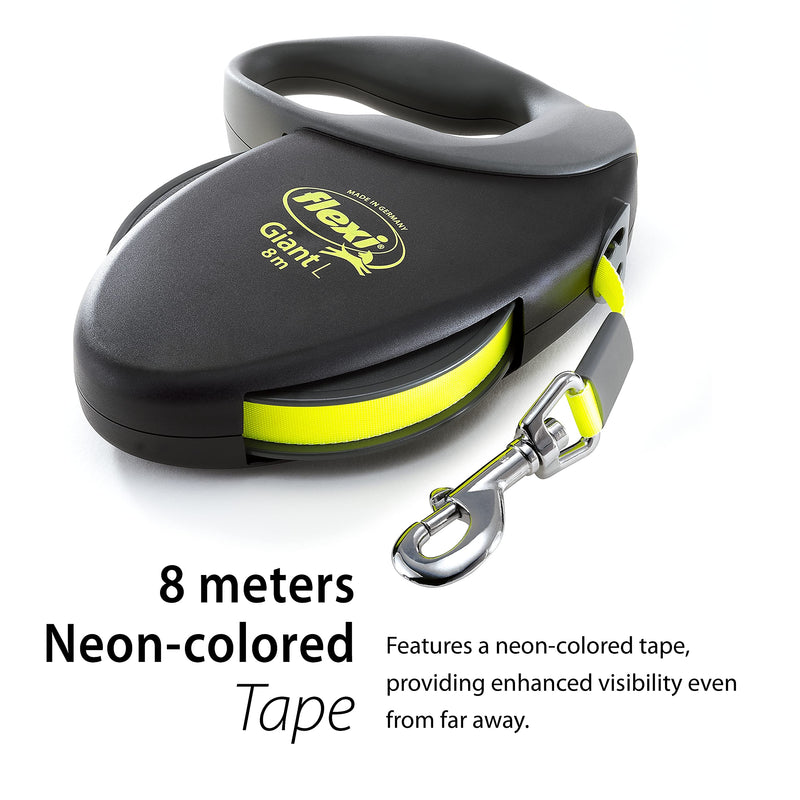 Flexi Giant Neon Tape Black Large 8m Retractable Dog Leash/Lead for Dogs up to 50kgs/110lbs L Tape 8 m - PawsPlanet Australia