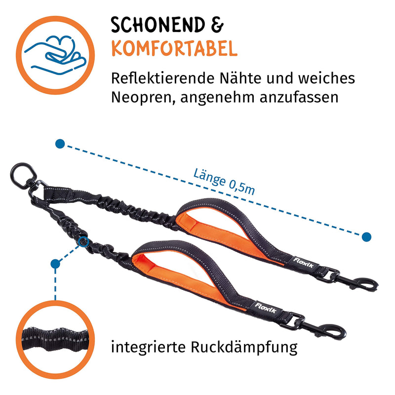Floxik double leash complete set large | Flexible, reflective premium dog leash for two dogs to be coupled with a short holder, black, large - PawsPlanet Australia
