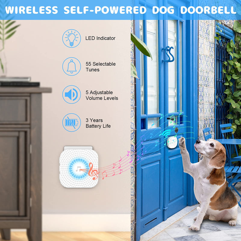 Dog Doorbells Wireless, LED Flash Dog Bells for Puppy Potty Training, 1000 Ft Range/55 Melodles Waterproof Door Bell Cordless Doorbell Kit for Puppies Dogs Doggy Doggie Pooch Pet Cat - White 1 Receiver+1 Transmitter - PawsPlanet Australia