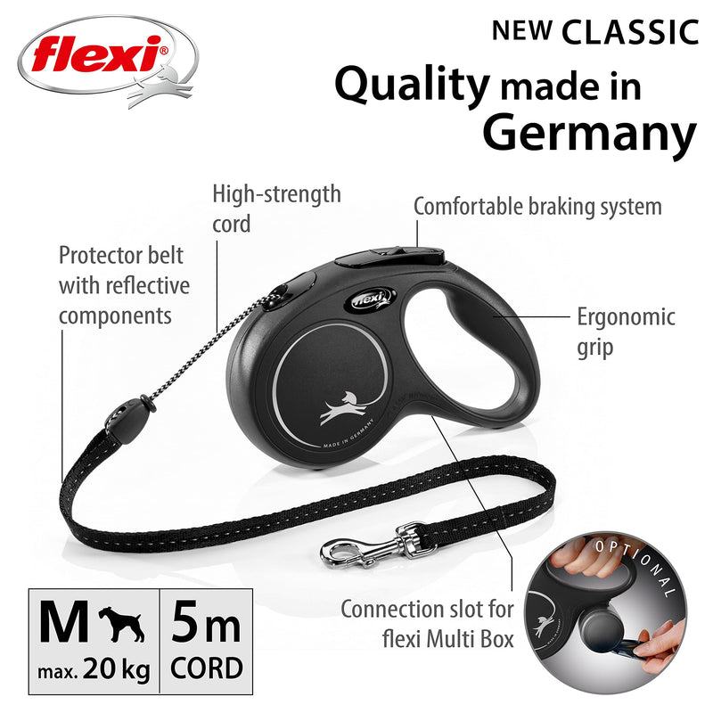 Flexi New Classic Cord Black Medium 5m Retractable Dog Leash/Lead for dogs up to 20kgs/44lbs 1 Count (Pack of 1) - PawsPlanet Australia