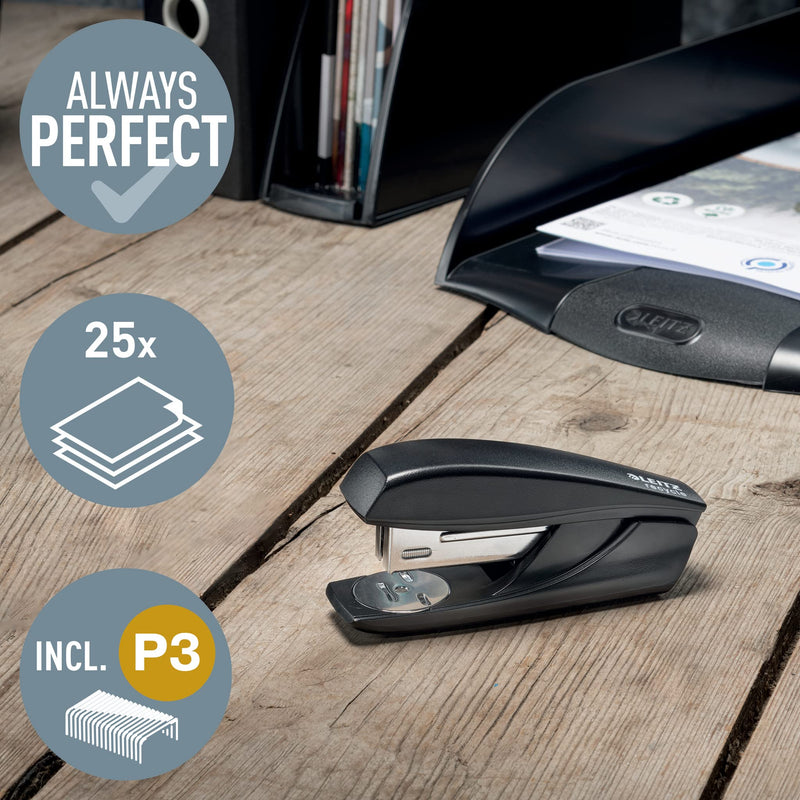 Leitz NeXXt recycling stapler, for 25 sheets, pocket size, with mini staple remover, including 200 staples, made of steel and recycled plastic, climate neutral, Recycle series, black, 56060095 - PawsPlanet Australia
