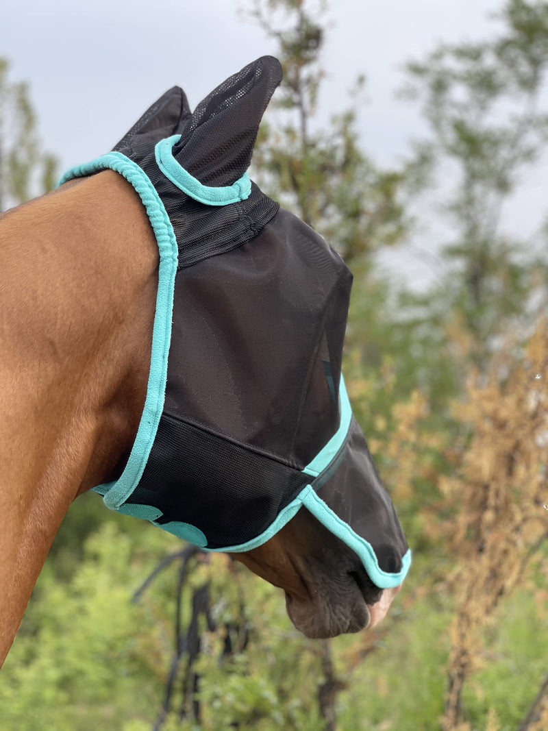 TGW RIDING Horse Mask Full Face Mesh Fly Mask Fine Mesh with Ears and Long Nose (Warmblood, Black/Turquoise) - PawsPlanet Australia