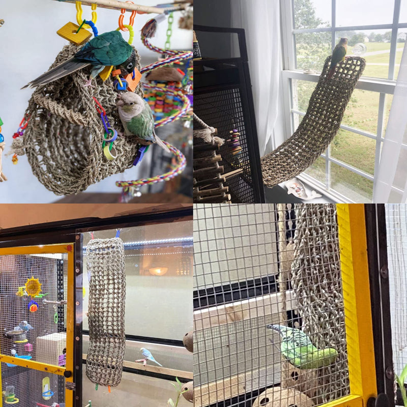 Bird Seagrass Mat,Natural Grass Woven Net Hammock Hanging on Parrot Cage with 4 Hooks,Parakeet Climbing Rope Ladder Chew Toys for Lovebird Cockatiel Conure Budgie,Cockatoo Supplies 28.3" x 6.7" - PawsPlanet Australia