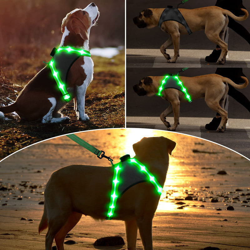 ChalkLit LED Dog Harness, Luminous Rechargeable Illuminated Reflective Dog Harness Glows in the Dark, LED Dog Safety Vest Lights for Night Walks (Green, L) Green - PawsPlanet Australia
