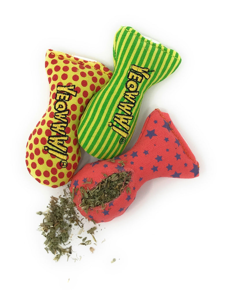 YEOWWW catnip toys for cats - organic very strong catnip fish stinkies sardines cat toys with catnip pack of 3, colourful patterns - 7.5cm long - PawsPlanet Australia