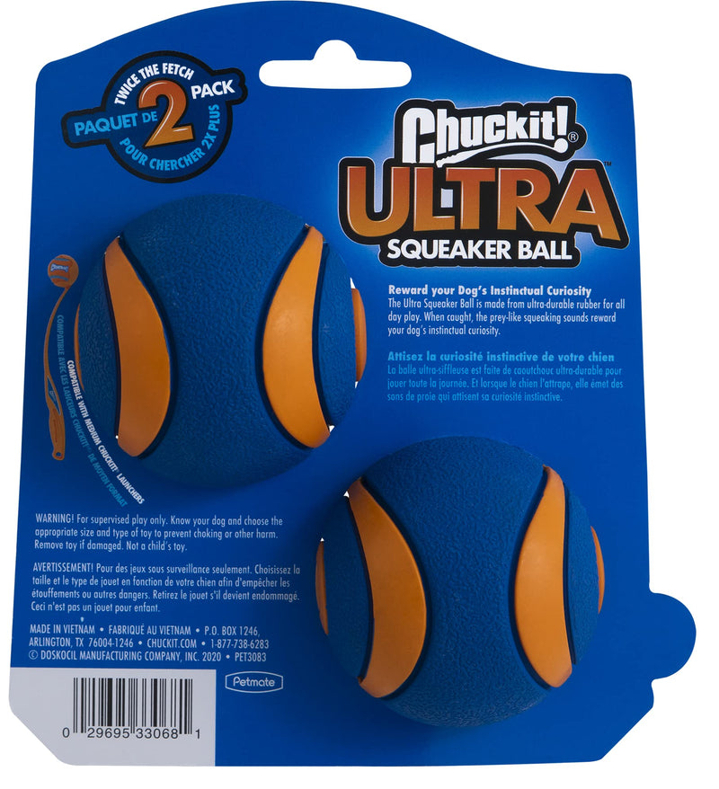 Chuckit - Ultra Squeaker Ball 2 Pack - 1 piece & Max Glow Dog Ball High Visibility Glow In The Dark Bouncy Rubber Night Time Fetch Toy - Medium (6.4cm) Multi 2 Count (Pack of 1) + Glow Dog Ball - PawsPlanet Australia