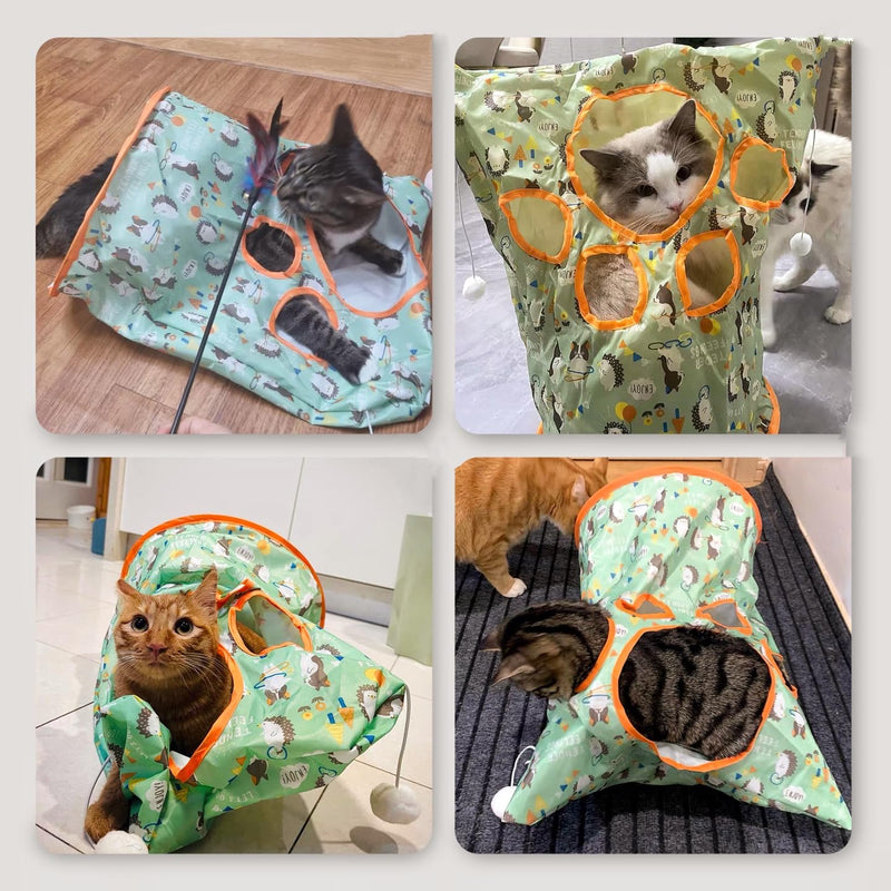 New Cat Tunnel Bags,Crinkle Bag Toy for Cats,Cat & Hamsters Play Tunnel Toy, Collapsible Cat Tunnels for Indoor Cats,Cat Drill Sleeping Bag with 3 Toy Balls 1 Mouse Toy,19.7" x 17.5" (Green) green - PawsPlanet Australia