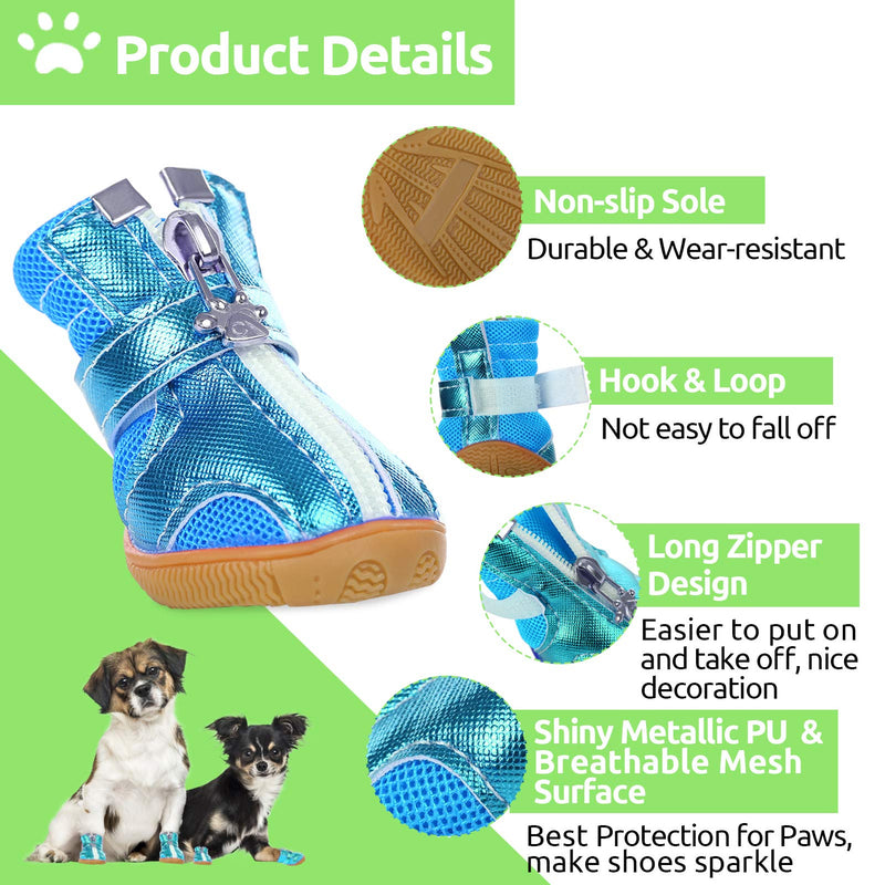 SUNFURA Breathable Dog Boots, Outdoor Dog Shoes with Wateproof Anti-Slip Durable Sole and Adjustable Straps, Puppy Paw Protector with Zips for Small Dogs Hiking Running Walking X-Small Blue - PawsPlanet Australia