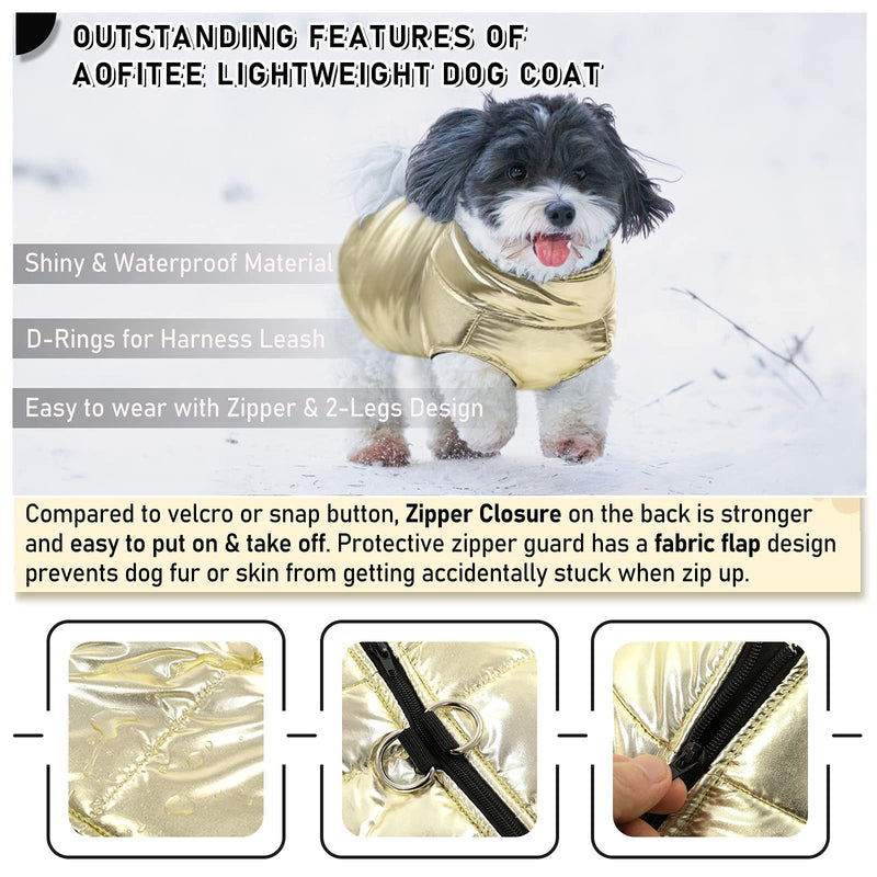 AOFITEE Dog Winter Coat Waterproof Zip Up Fleece Dog Vest, Warm Padded Metallic Dog Cold Weather Jacket Sweater with Dual D-Ring Leash, Outdoor Pet Apparel Snowsuit for Small and Medium Dogs Chest: 13", Back Length: 9.4" Gold - PawsPlanet Australia