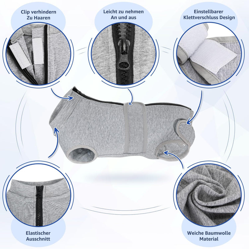 SlowTon dog bodysuit after surgery, soft, breathable leak protection, anti-wound licking recovery suit with zip, e-collar, alternative one-piece for dog bodysuit after castration, male, female, M grey - PawsPlanet Australia