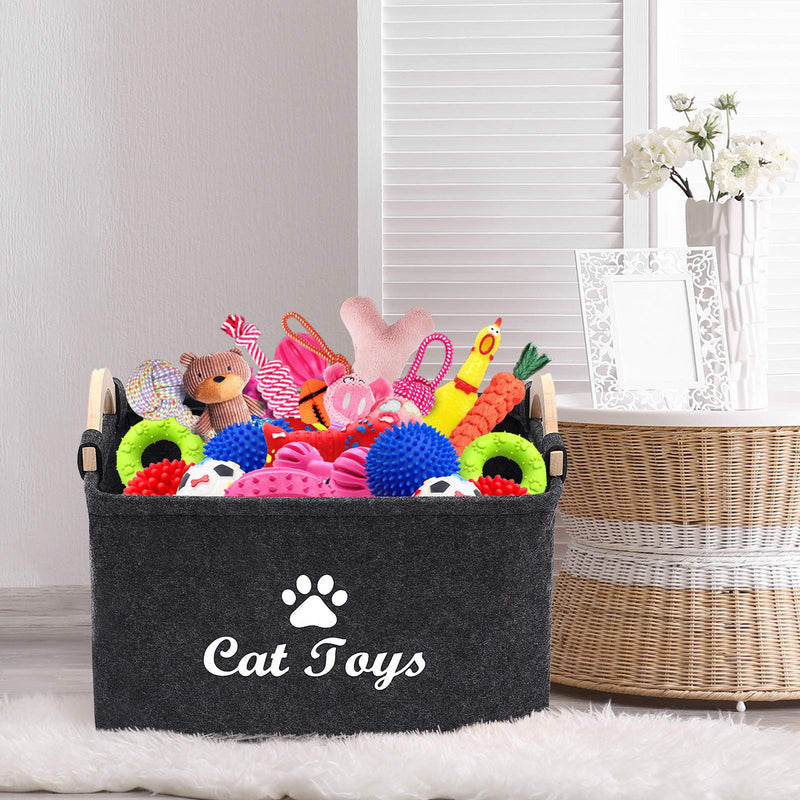 Geyecete Dog Toys Storage Bins - with Wooden Handle, Pet supplies storage Basket/Bin Kids Toy Chest Storage Trunk-Cat (Dark Grey)-Big Big:38*25* 24cm Dark Grey - PawsPlanet Australia