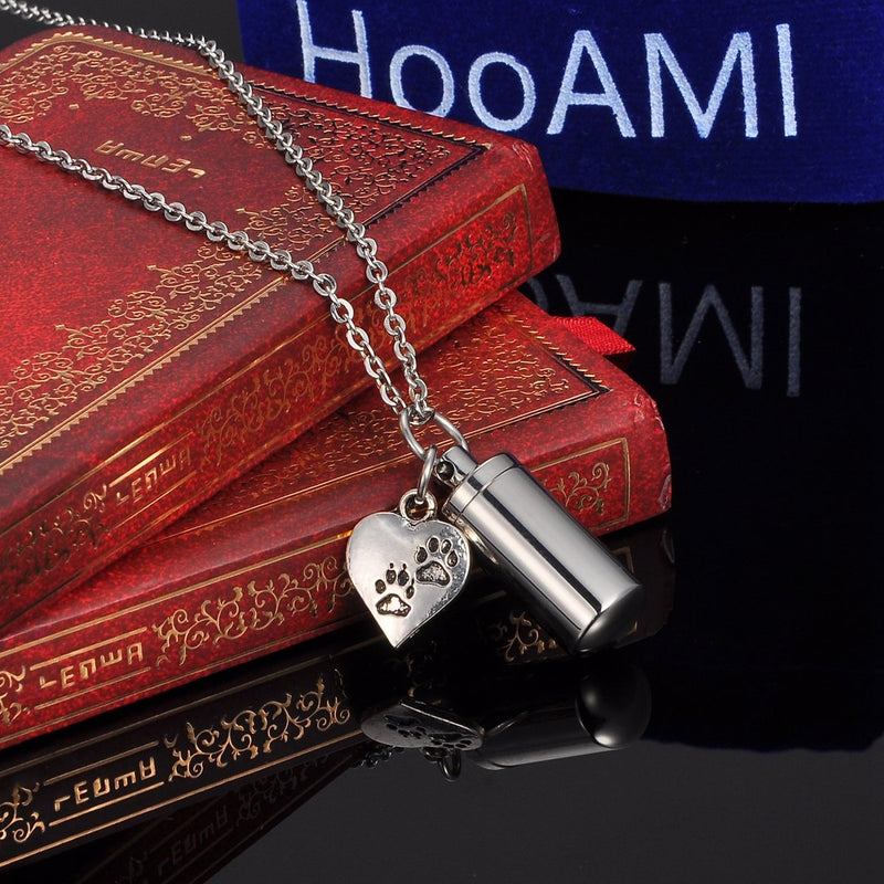 [Australia] - HooAMI Pet Paw Heart Charm & Cylinder Memorial Urn Necklace Stainless Steel Cremation Jewelry Heart Paw 