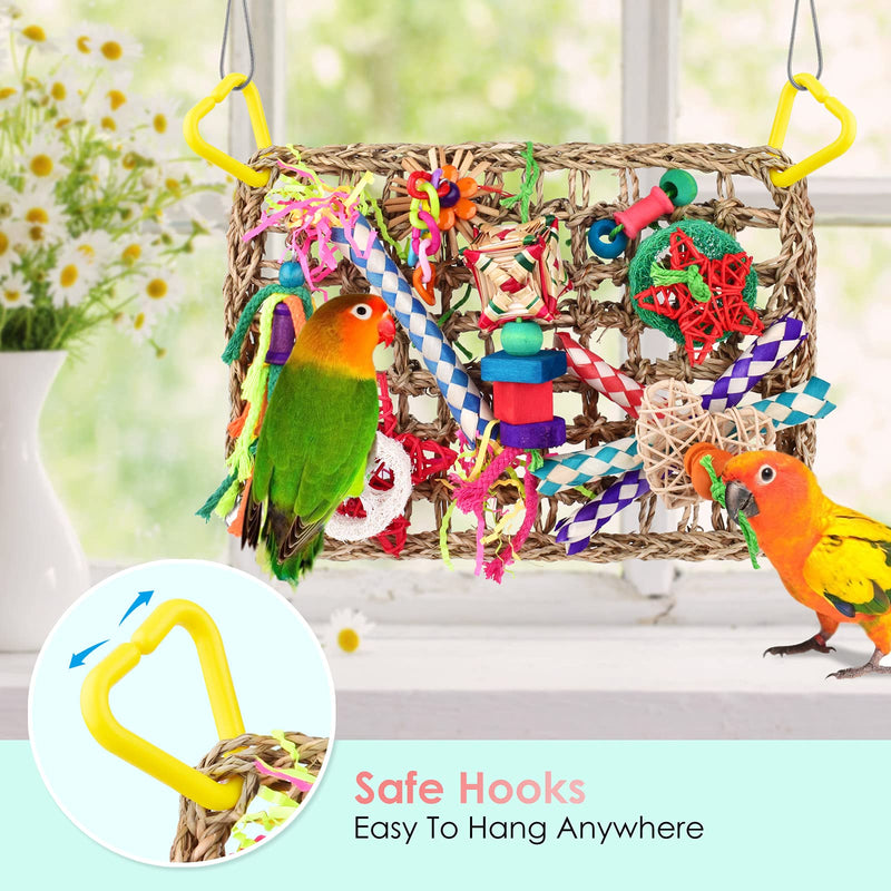 KATUMO Bird Toys, Bird Foraging Wall Toy, Edible Seagrass Woven Climbing Hammock Mat with Colorful Chewing Toys, Suitable for Lovebirds, Finch, Parakeets, Budgerigars, Conure, Cockatiel - PawsPlanet Australia