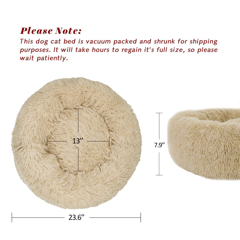 Qucey Dog Cat Bed Soft Comfortable Faux Fur Donut Cuddler, Self-Warming Fluffy Dog and Cat Calming Cushion Bed with Non-Slip Bottom for Joint-Relief and Improved Sleep 23" Beige - PawsPlanet Australia