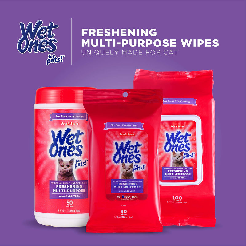 [Australia] - Wet Ones for Pets Freshening Multipurpose Wipes for Cats with Aloe Vera | Easy to Use Cat Cleaning Wipes, Freshening Cat Grooming Wipes for Pet Grooming in Fresh Scent | 50 ct Cannister Cat Wipes 50 Count 