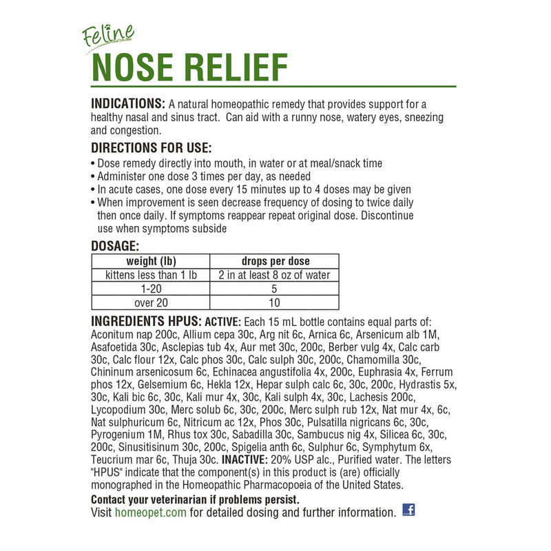 HomeoPet Feline Nose Relief Natural Pet Medicine, Nasal and Sinus-Tract Support for Cats of All Ages, 15 Milliliters One Size - PawsPlanet Australia