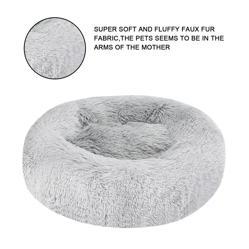 Calming Dog Bed Cat Bed, Anti-Anxiety Donut Dog Cuddler Bed, Machine Washable Round Pet Bed, Comfy Faux Fur Plush Dog Cat Bed for Small Medium Large Dogs and Cats (23"/30"/36") Small 23" x 23" Light Grey - PawsPlanet Australia