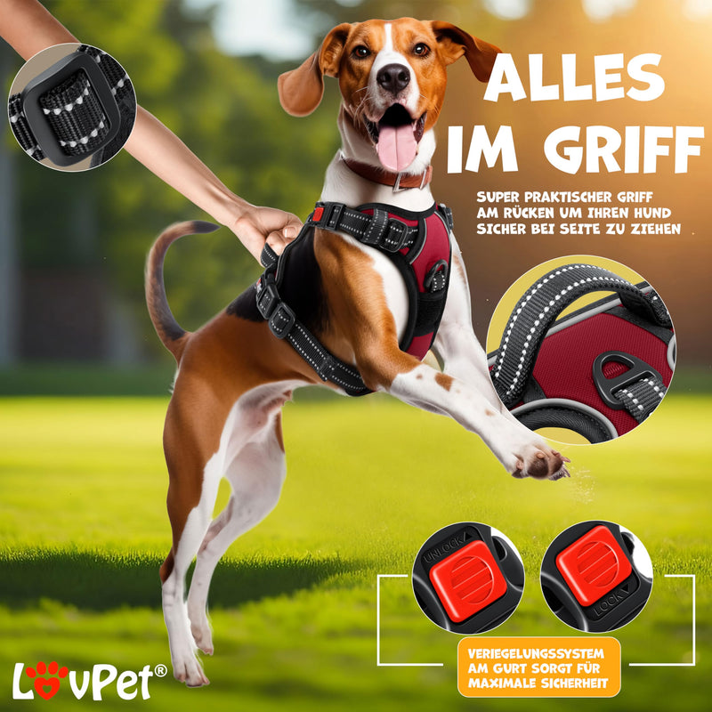 Lovpet® Dog Harness No Pull & Choke for Large Dogs Breathable & Soft Chest Harness Reflective | No-pull tableware including bag rolls | Adjustable harness with handle Bordeaux Red XL - PawsPlanet Australia