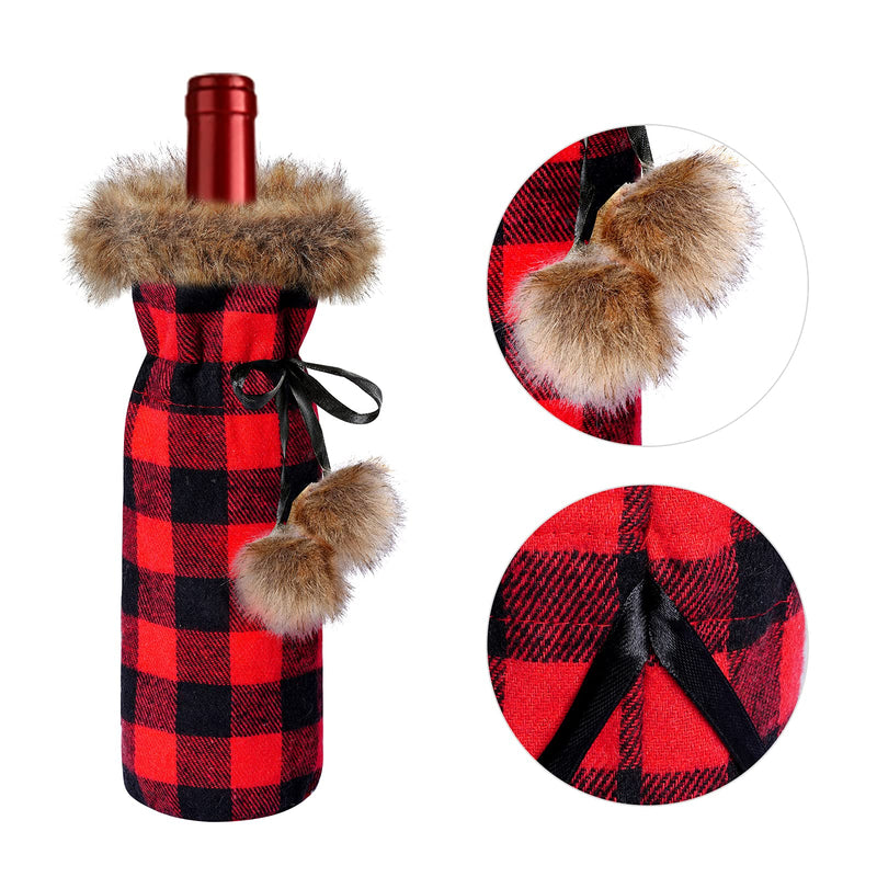Jmkcoz 6 Pack Christmas Buffalo Plaid Wine Bottle Cover Plaid Sweater Wine Bottle Holder Faux Fur Wine Bottle Pouch Bags for Xmas Dinner Party Decorations (Red, Grey) - PawsPlanet Australia