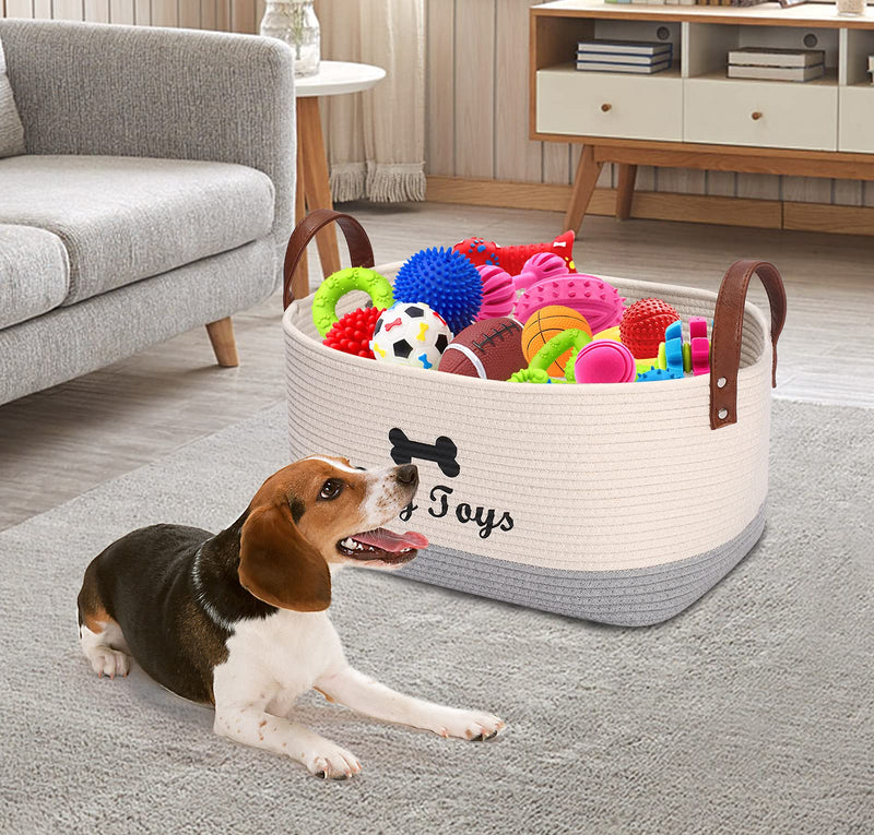 Large cotton dog toy basket, 16.5"x10.6"x 7.5" puppy toy basket, puppy bins, pet organizer, laundry basket storage bin - Perfect for organizing pet toys, blankets, leashes, coat and stuff - Beige Gray - PawsPlanet Australia