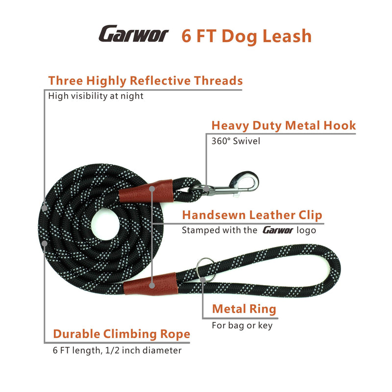 [Australia] - Garwor 4FT 5FT 6FT Reflective Dog Leash with Comfortable Padded Handle and Three Reflective Threads, Heavy Duty Leash for Medium Large Dogs, Blue Red Black Orange Green Available 6 FT 