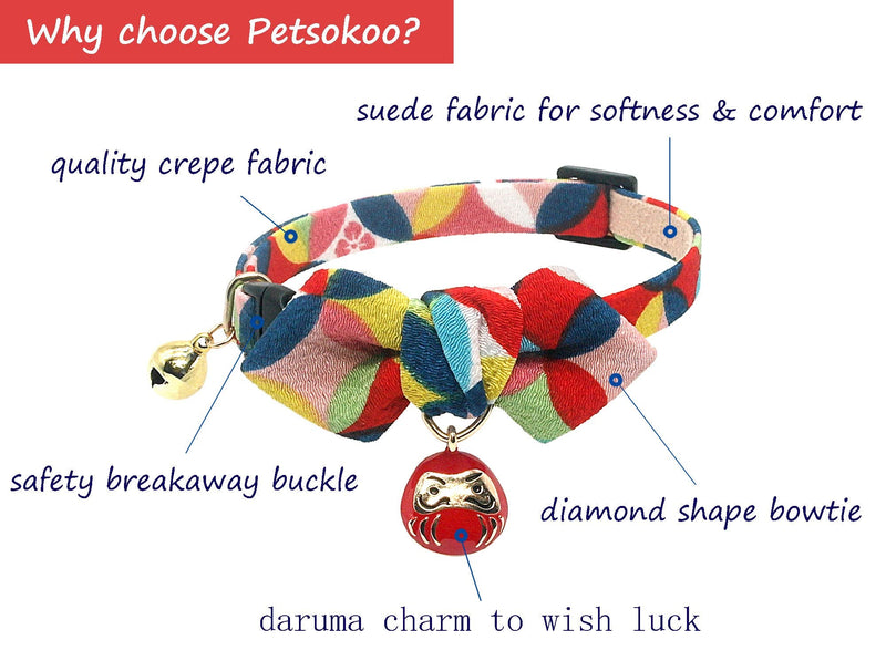 PetSoKoo Diamond Shaped Bowtie Cat Collar With Bell.Japan Lucky Daruma Charm and Cloisonne Print Crepe Fabric.Safety Breakaway.Soft & Lightweight Medium (8-12 inch,20-31cm) Red - PawsPlanet Australia