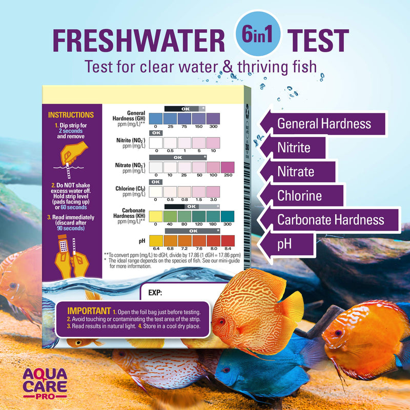 [Australia] - Freshwater Aquarium Test Strips 6 in 1 - Fish Tank Test Kit for Testing pH Nitrite Nitrate Chlorine General & Carbonate Hardness (GH & KH) - Easy to Read Wide Strips & Full Water Testing Guide - 18 Ct 