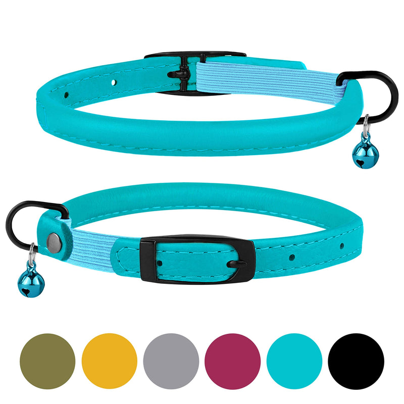 BRONZEDOG Cat Collar with Bell Safety Rolled Leather Collars for Cats Kitten Black Blue Pink Green Yellow Grey 8" - 10" Aqua Blue - PawsPlanet Australia