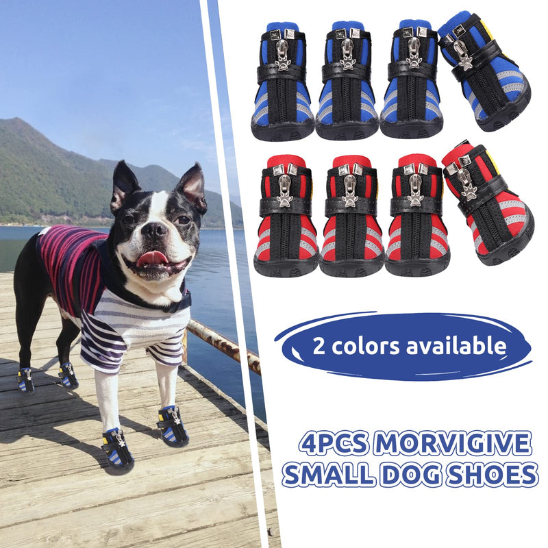 MORVIGIVE Striped Small Dog Mesh Shoes, Reflective Puppy Boots with Skid-Proof Sole & Zipper for Hot Pavement Winter Snow, Breathable Doggy Booties Pet Paw Protectors for Walking, Hiking & Running Blue - PawsPlanet Australia