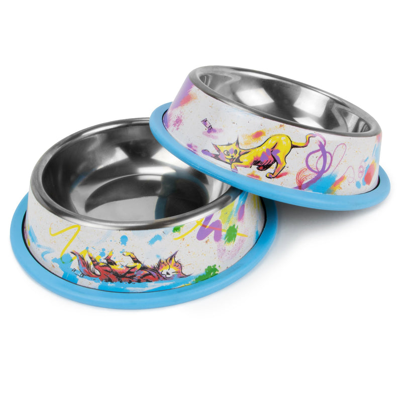 [Australia] - Weebo Pets 3-in-1 Cat Food & Water Bowls with Mat Set - Cat Tales: Cat-titude Premium 4 oz. Stainless Steel Dishes with Food-Grade Silicone Feeding/Litter Box Mat 