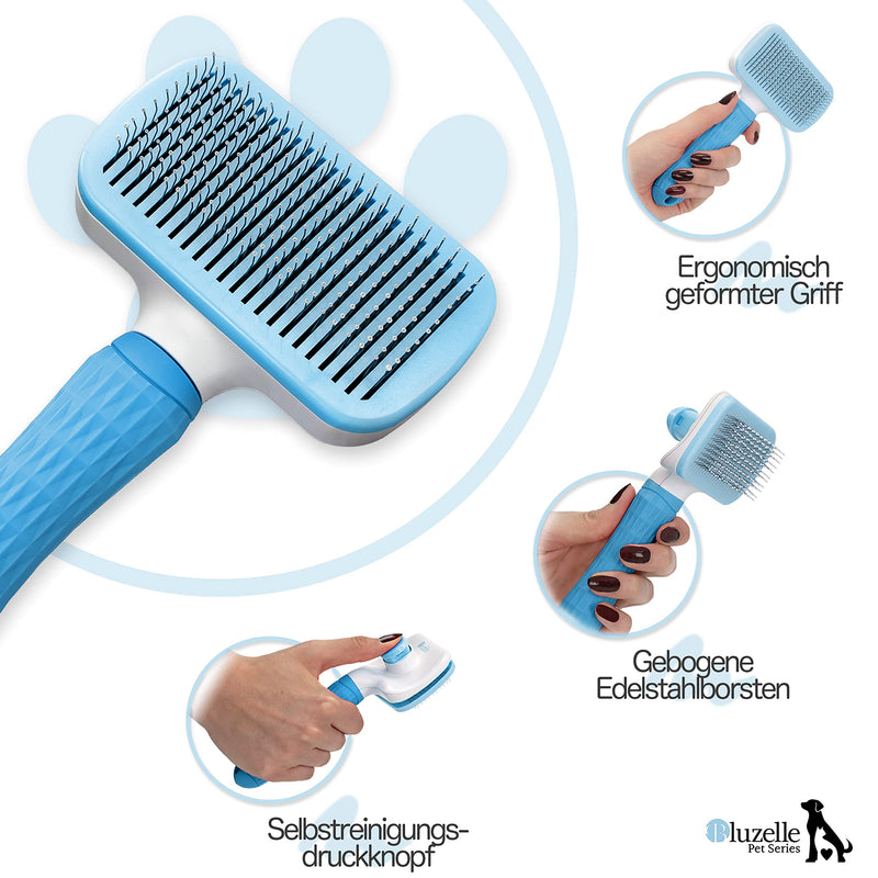 BLUZELLE animal care brush, pet brush for short hair and long hair, self-cleaning fur brush, animal hair brush, gentle cat brush, dog brush, grooming for dogs, cats etc., colour: blue blue - PawsPlanet Australia