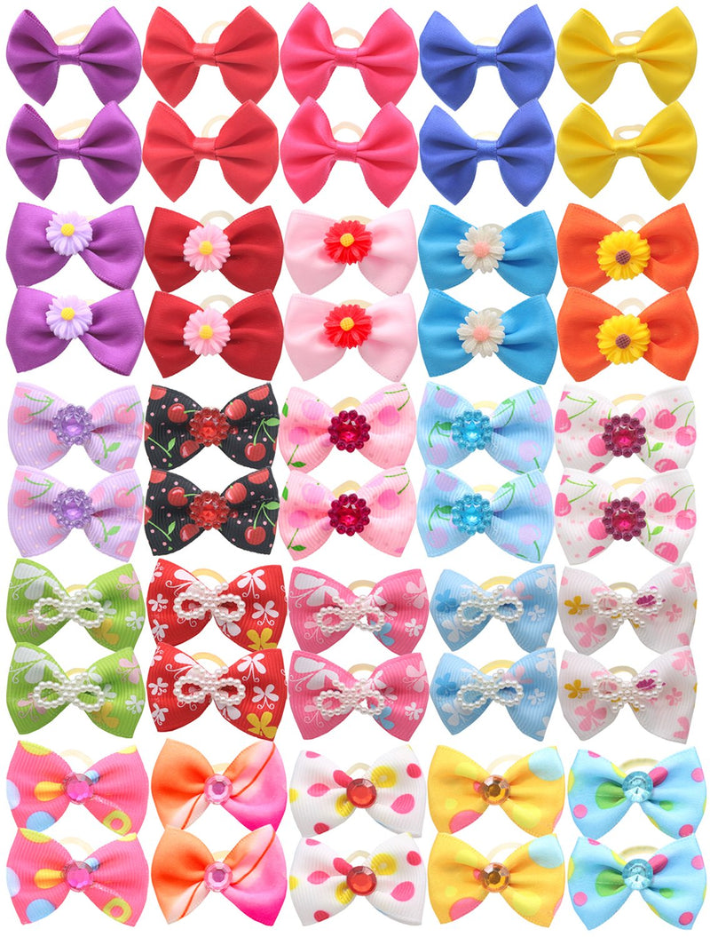 HOLLIHI 50pcs / 25 Pairs Adorable Grosgrain Ribbon Pet Dog Hair Bows with Rubber Bands - Puppy Topknot Cat Kitty Doggy Grooming Hair Accessories Bow knots Headdress Flowers Set for Groomer - PawsPlanet Australia