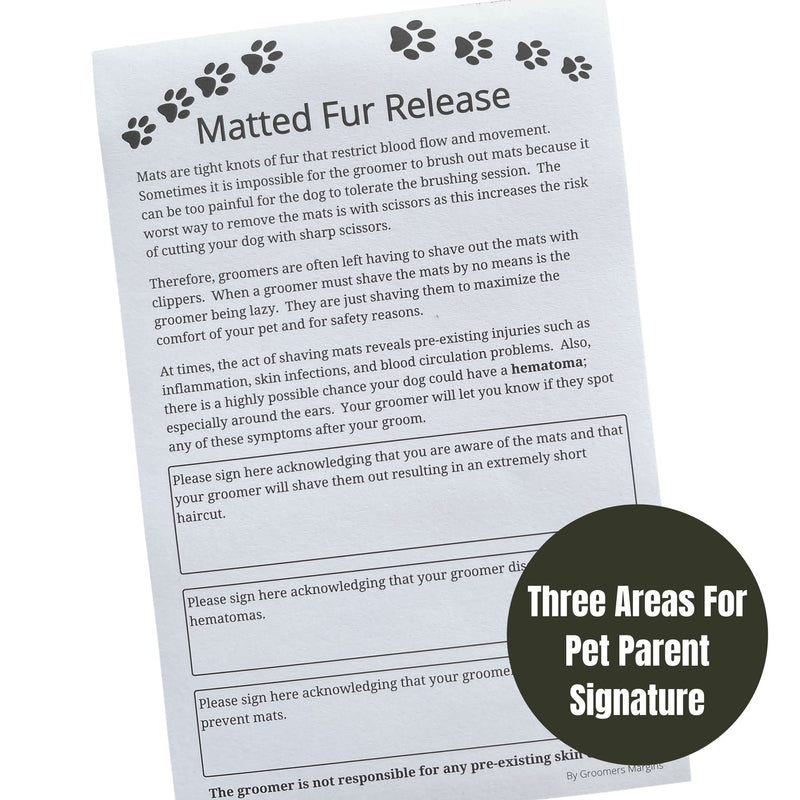 Dog Grooming Matted Fur Release Forms (Pad of 100, 5.5 X 8.5 Inches) Dog Groomer Forms addressing mats for Grooming Salon - PawsPlanet Australia