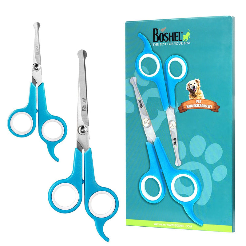 Boshel Dog Grooming Scissors Set of 2 Pet Grooming Scissors - Safety Rounded Tips - Micro-serrated Smaller Scissor for Face, Ear, Nose & Paw + Larger, Sharp Scissor for Dog & Cat Body Trimming - PawsPlanet Australia