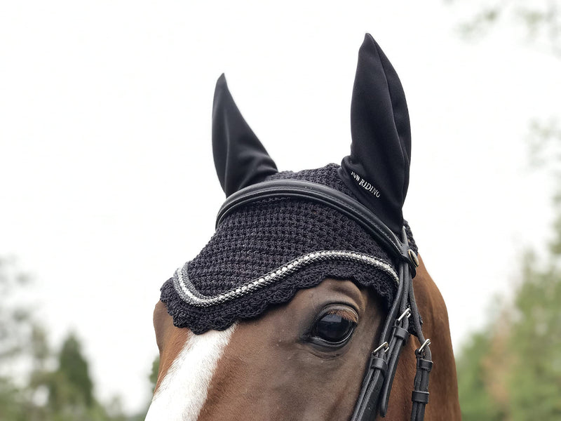 TGW RIDING Horse Ear Bonnet/Net/Hat/Horse Hood/Mask Horse Veil Horse Ear Bonnet (Full, Black/Clear Crystal) Full - PawsPlanet Australia