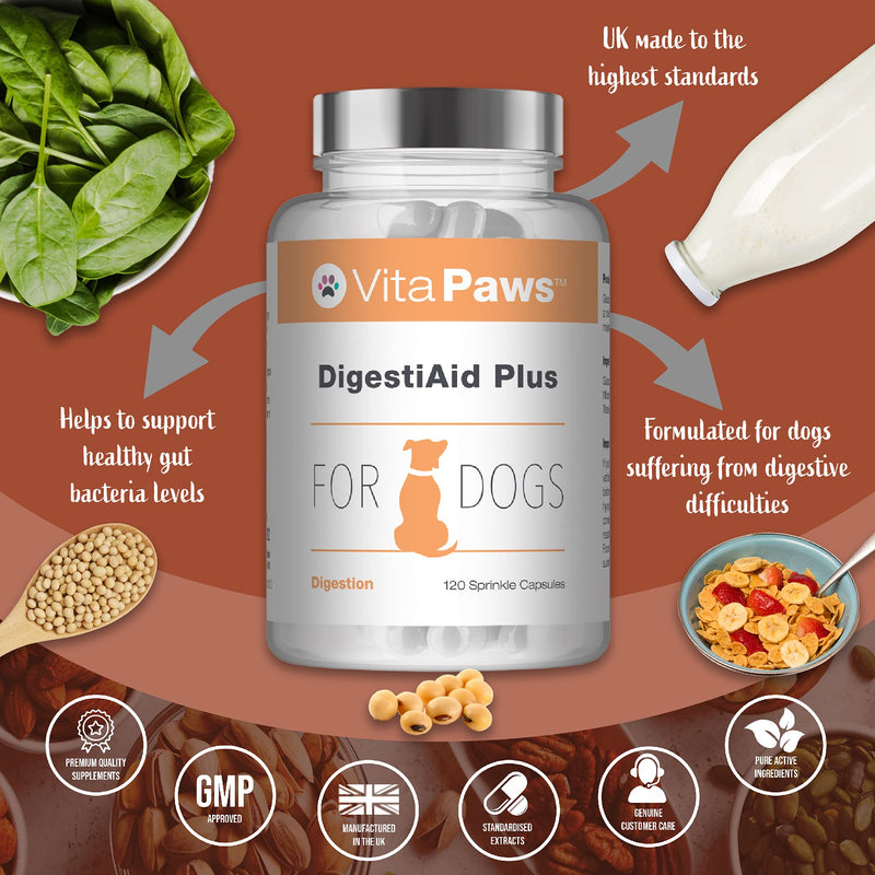 Probiotics for Dogs | DigestiAid Offers Friendly Bacillus Coagulans Bacteria with Digestive Enzymes and Prebiotics | 120 Sprinkle Capsules for Fussy Pets | UK Manufactured - PawsPlanet Australia