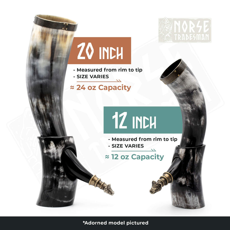 Norse Tradesman Genuine 20" Ox-Horn Viking Drinking Horn with Horn Stand & Brass Rim | Burlap Gift Sack Included | "The Classic", Polished, 20-Inch 20 Inches Horn Stand - Brass Rim, Polished - PawsPlanet Australia