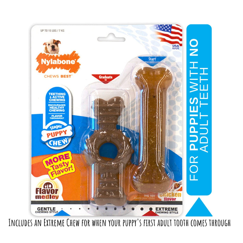 Nylabone Gentle Puppy Dog Teething Flexi Ring and Bone Petite, Chicken Flavour, Extra Small, for Puppies Up to 7 kg (Twin Pack) XS - PawsPlanet Australia