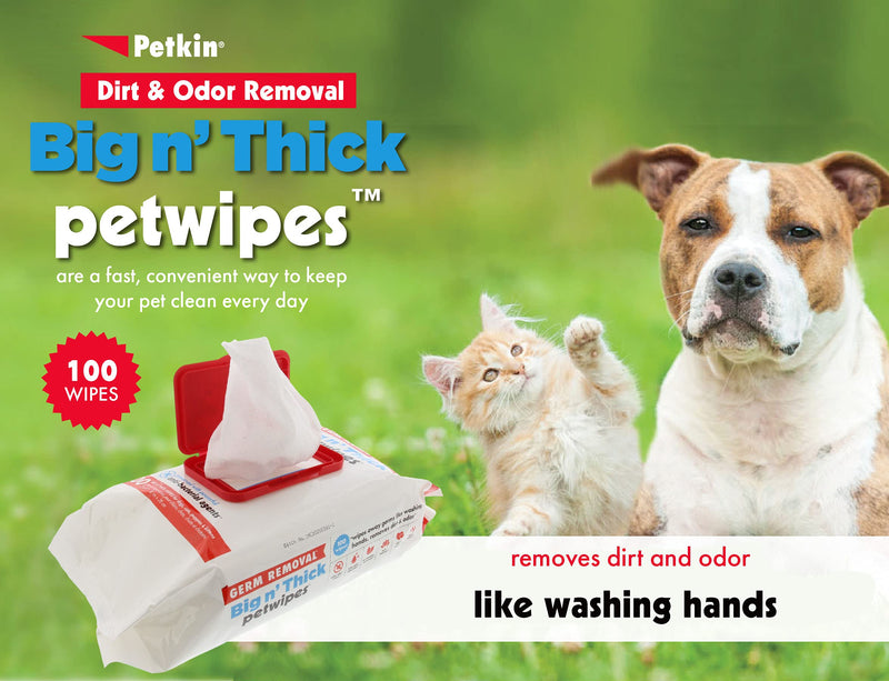 Petkin Pet Wipes Big 'n Thick Extra Large Pet Wipes for Dogs, Cats, Puppies & Kittens - Aloe Enriched Formula Gently Cleans The Face, Ears, Body & Eye Area - Wipes for Pets for Home or Travel 100 Wipes - PawsPlanet Australia