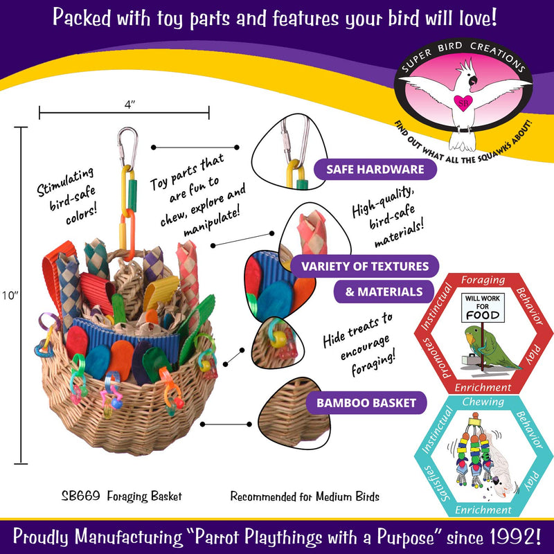 Super Bird Creations SB669 Wicker Foraging Basket Bird Toy, Medium Bird Size, 10” x 4” x 5” - PawsPlanet Australia