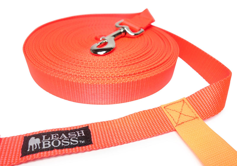 Leashboss Long Trainer - 50 Foot Lead - 1 Inch Nylon Long Dog Training Leash with Storage Strap - K9 Recall - for Large Dogs (50 Foot, 1 in, Orange) - PawsPlanet Australia