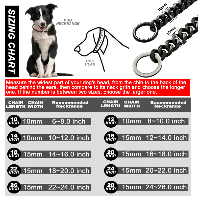 W&W Lifetime Durable Dog Walking Collar 15mm/10mm Black Strong Stainless Steel Cuban Link Chain Collar for Small Medium Large Dogs 10 Inch - PawsPlanet Australia