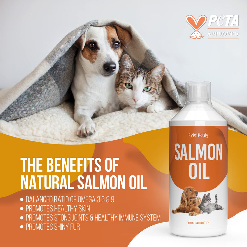 PETSLY Premium Salmon Oil Dog & Cat Care - nutrient-rich salmon oil for dogs and cats Makes your four-legged friend's fur supple and soft with Omega 3, salmon oil for cats, fish oil for dogs (1000ml) 1000ml - PawsPlanet Australia