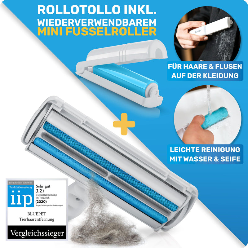BluePet RolloTollo 2.0 Self-Cleaning Lint Roller - Pet Hair Remover for Pet Hair, Removal of Pet Hair from Sofa, Bed & Furniture, Lint Brush Dog Hair & Cat Hair RolloTollo + Mini Lint Roller - PawsPlanet Australia