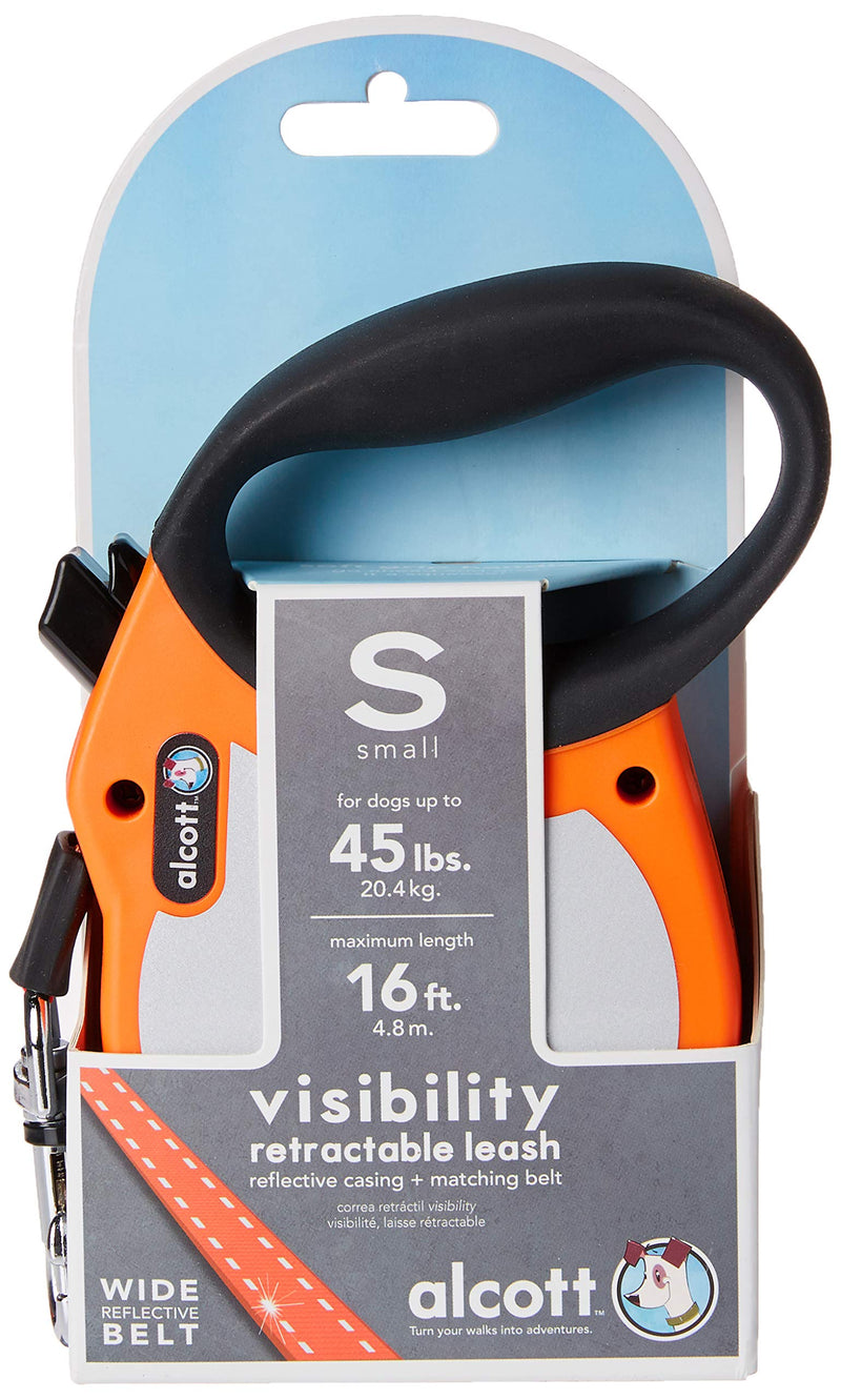 [Australia] - Alcott Visibility Retractable Reflective Belt Leash, 16' Long, Small for Dogs Up to 45 lbs, Neon Orange with Reflective Accents 