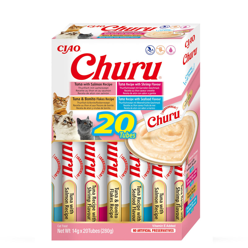 INABA Churu Puree Multipack - 20 tubes in total: 5X tuna with salmon, 5X tuna with shrimp, 5X tuna with bonito flakes and 5X tuna with seafood - PawsPlanet Australia