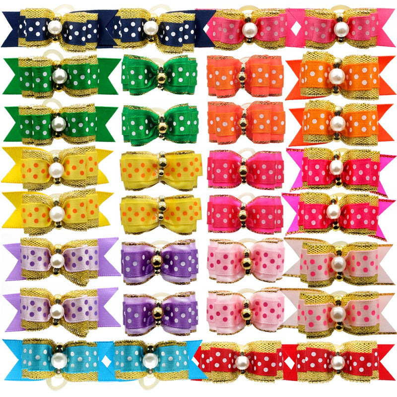 HOLLIHI 32 pcs/16 Pairs Adorable Grosgrain Ribbon Pet Dog Hair Bows with Elastic Rubber Bands - Doggy Kitty Bowknots Topknot Grooming Accessories Set for Long Hair Puppy Cat - PawsPlanet Australia