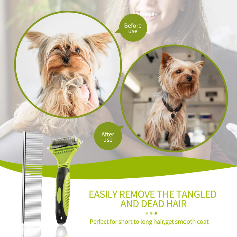 EASTLION Pet Grooming Dematting Comb Tool Kit,12+23 Teeth Double Sided Blade Undercoat Rake Brush,Remove Loose Matts Tangled Short Long Hair for Small Medium Large Dogs Cats Horses(Green) Green - PawsPlanet Australia