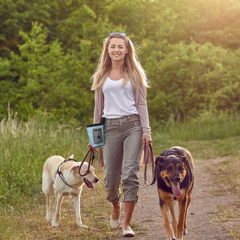 Frienda 2 Pieces Dog Treat Pouch Pet Training Bag Holder with Built-in Poop Waste Bag Dispenser Easily Carries Dog Toys, Kibble, Treats for Walking Training Small to Large Dogs Blue and Brown - PawsPlanet Australia